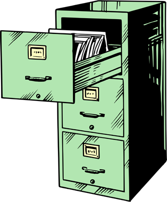 clipart image of a 3-drawered green filing cabinet with the top draw open to show a set of files inside