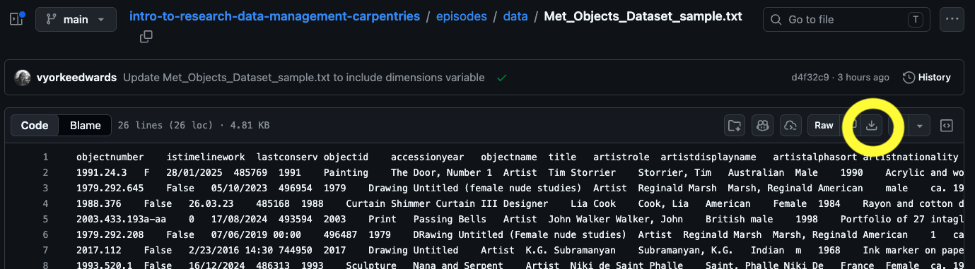 The GitHub file view for Met_Objects_Dataset_sample.txt, with the download button highlighted in yellow